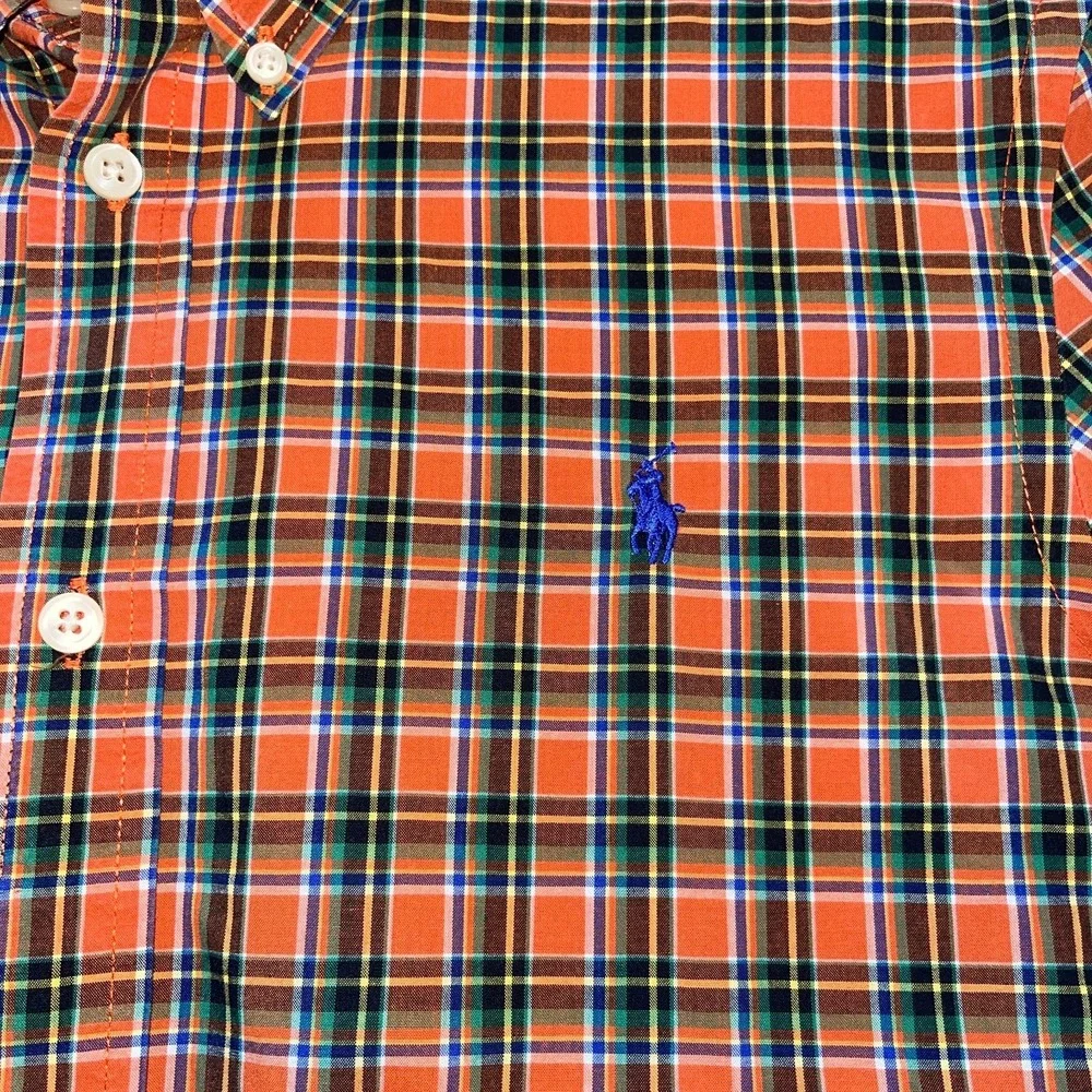 Ralph Lauren Boys XL 18-20 Plaid Button Down Shirt Orange Green Long Sleeve